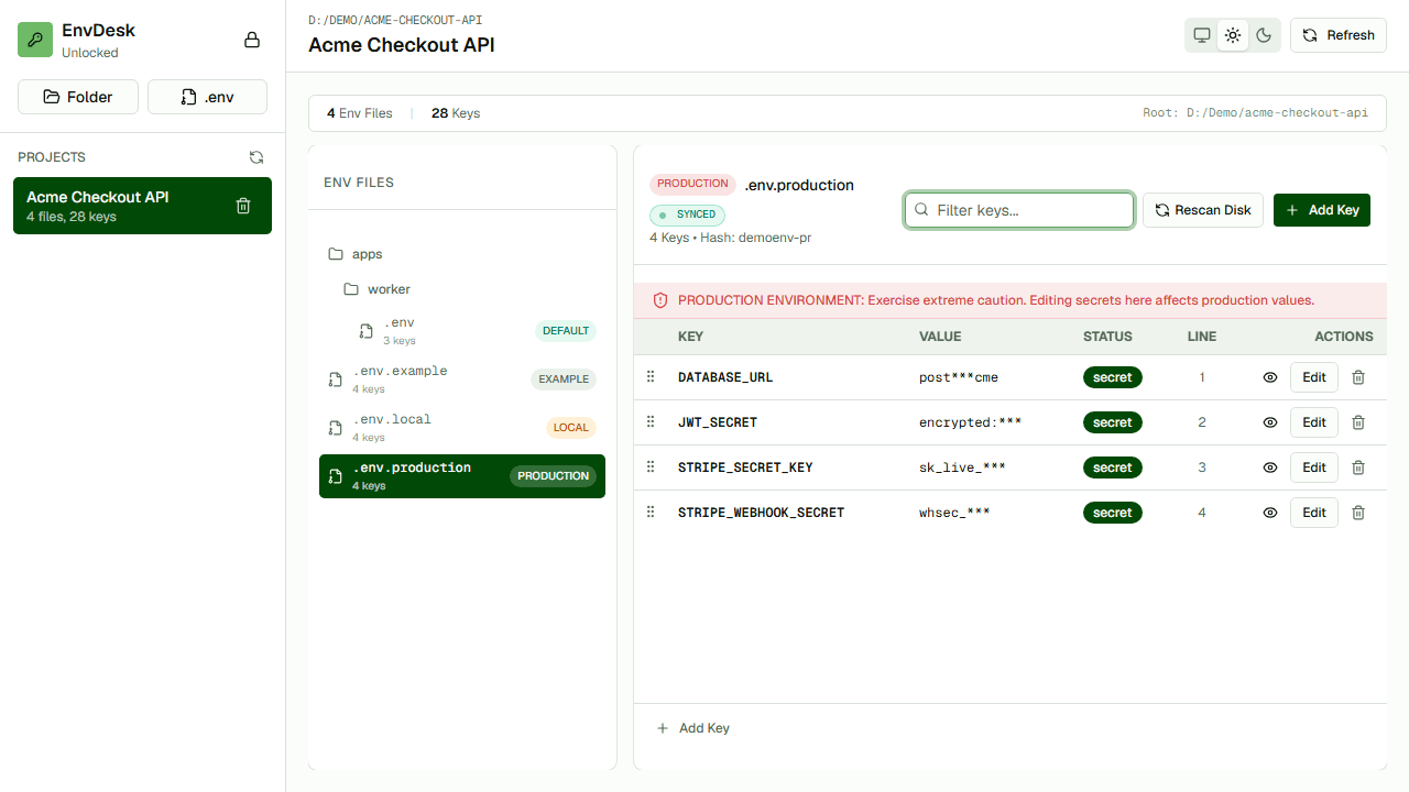 EnvDesk desktop workspace showing environment files